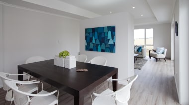 Dining and living joined by a raised ceiling architecture, dining room, house, interior design, property, real estate, room, table, gray