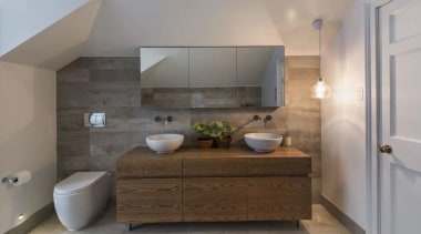 Floating vanities make bathrooms feel much larger - bathroom, bathroom accessory, bathroom cabinet, countertop, floor, home, interior design, room, sink, gray