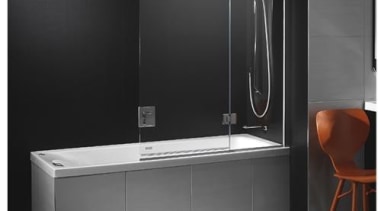 A single ended acrylic bath with reclined back angle, bathroom, bathroom sink, glass, plumbing fixture, product, tap, black