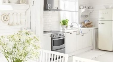 White refrigerator from Smeg, the Fab32 fridge/freezer**Please note ceiling, floor, furniture, home, house, interior design, product, product design, room, wall, white, white