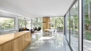 Interior surfaces of wood, white walls and polished architecture, daylighting, home, house, interior design, property, real estate, roof, window, gray, white