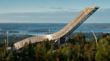 The design of the new Holmenkollen Ski Jump bridge, extradosed bridge, fixed link, sky, tree, teal