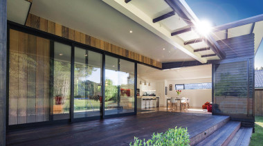 Note the fluid indoor-outdoor flow of home - architecture, condominium, daylighting, estate, facade, home, house, interior design, lobby, property, real estate, window, gray