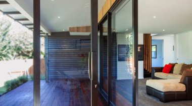 View out onto the deck - Windowmakers windows architecture, daylighting, door, floor, glass, hardwood, house, interior design, real estate, window, wood, wood flooring, gray