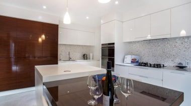 Mitred Island top and 20mm benchtops. - Caesarstone apartment, countertop, interior design, kitchen, property, real estate, room, white, gray