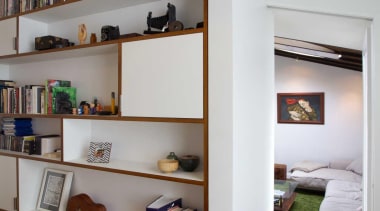 Generous storage for the new home office. - bookcase, furniture, interior design, shelf, shelving, gray