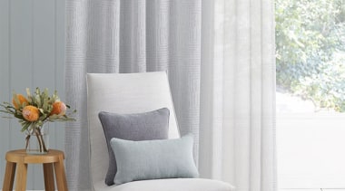 Presenting a sophisticated sheer with a soft lightweight chair, couch, curtain, cushion, floor, furniture, home, interior design, living room, table, textile, window, window covering, window treatment, gray, white