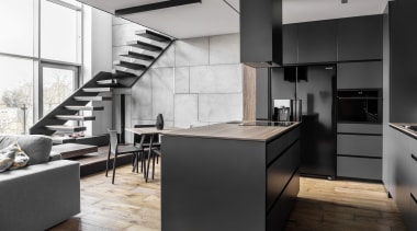 Architect: MetaformaPhotography by Krzysztof Strażyński cabinetry, countertop, cuisine classique, floor, interior design, interior designer, kitchen, loft, product design, black, white