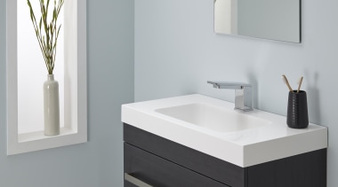 Soft basin corners and thick external lines give angle, bathroom, bathroom accessory, bathroom cabinet, bathroom sink, chest of drawers, drawer, floor, furniture, plumbing fixture, product, product design, sink, tap, gray