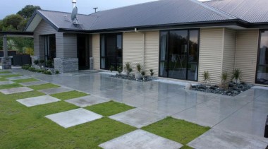 pce0101web.jpg - pce0101web.jpg - backyard | courtyard | backyard, courtyard, driveway, estate, facade, grass, home, house, landscaping, lawn, outdoor structure, patio, property, real estate, residential area, walkway, window, yard, gray