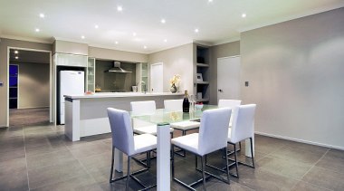 Open plan kitchen and dining area, in a ceiling, dining room, floor, flooring, interior design, property, real estate, room, table, gray