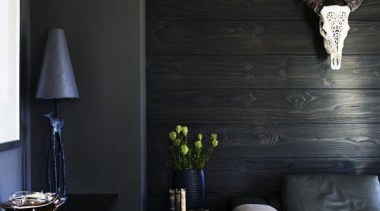 dane van bree + john pegrum / apartment, architecture, floor, furniture, home, house, interior design, light fixture, lighting, living room, room, table, wall, black