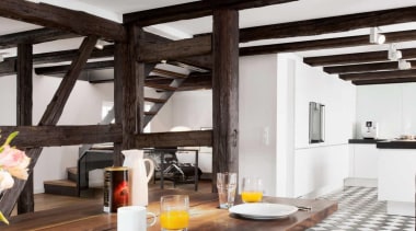 Black and White Kitchen IdeasFor more information, please beam, interior design, loft, white, black