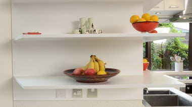 When it comes to shaping forms to follow cabinetry, countertop, interior design, kitchen, room, shelf, shelving, gray