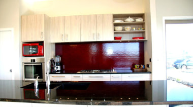 red glass splashback in Cotswald glass - red cabinetry, countertop, interior design, kitchen, room, white