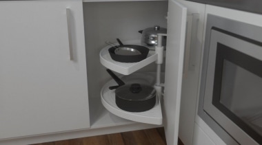 Giamo's 180° unit for blind corners is an cabinetry, countertop, drawer, floor, flooring, furniture, hardwood, home appliance, kitchen, kitchen stove, room, sink, tap, wood flooring, gray