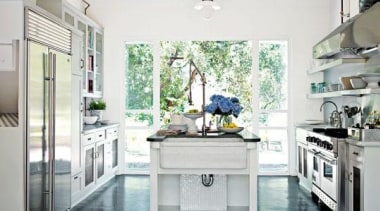 A beautiful traditional style kitchen with an industrial countertop, home appliance, interior design, kitchen, white, gray