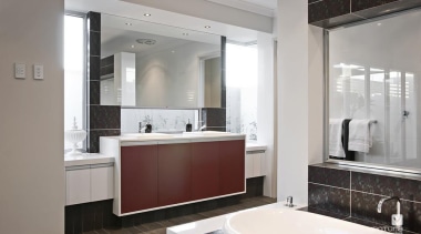 Ensuite design. - The Dynasty Display Home - bathroom, bathroom cabinet, countertop, floor, interior design, kitchen, real estate, room, sink, white, gray