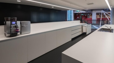 A functional, modern kitchen with a recycling system interior design, office, product design, gray, black