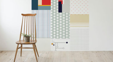 One of the challenges when putting up wallpaper chair, floor, furniture, product, product design, shelf, shelving, table, wood, white, gray