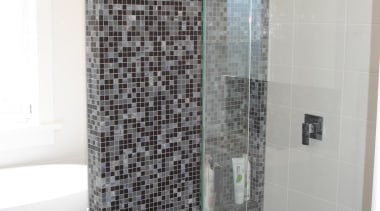 Stefania feature wall. - Bisazza Range - bathroom bathroom, floor, glass, interior design, plumbing fixture, room, shower, tile, gray, white