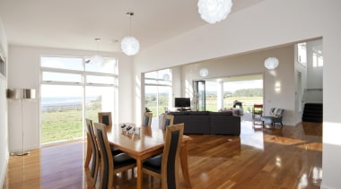 Open plan living with lustrous rich timber flooring ceiling, dining room, floor, flooring, hardwood, home, house, interior design, living room, property, real estate, room, table, window, wood flooring, gray