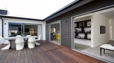 Simple lines and a blend of popular modern deck, floor, flooring, hardwood, house, interior design, property, real estate, window, wood flooring, gray