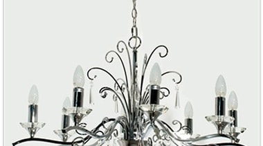 FeaturesThe Diaz chandelier incorporates bright chrome arms and chandelier, decor, light fixture, lighting, product design, white