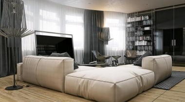 gauzy curtains - Masculine Apartments - bed | bed, bed frame, couch, floor, furniture, interior design, living room, room, wall, white