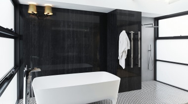Large porcelain panels create a wood-look feature surface bathroom, floor, interior design, room, white, black, porcelain panels, towel rail, sconces