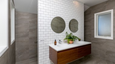 The Michel César Moode vanity looks fantastic mounted bathroom, floor, flooring, home, interior design, room, sink, tile, wall, gray