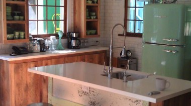 wooden beams and statement fridge!  - kitchen cabinetry, ceiling, countertop, furniture, interior design, kitchen, table, brown, gray