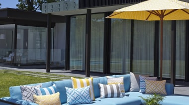 An exciting follow up to our popular Bondirange couch, furniture, home, interior design, outdoor furniture, outdoor structure, sunlounger, table, window, black