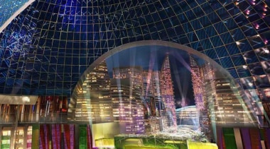 Although titled 'Mall of The World' this 48 architecture, building, city, cityscape, convention center, landmark, lighting, metropolis, metropolitan area, night, performing arts center, purple, sky, skyscraper, structure, tourist attraction, urban area, blue