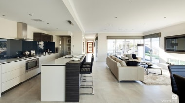 Kitchen design. - The Sentosa Display Home - floor, flooring, interior design, kitchen, living room, property, real estate, gray