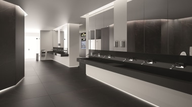 Ambiente baño aeropuerto Lavabo Nova en Silestone color architecture, bathroom, floor, flooring, interior design, lobby, product design, public toilet, tile, gray, black