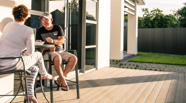 Enjoy walking barefoot on the splinter-free surface which deck, floor, flooring, home, house, outdoor structure, window, wood, white