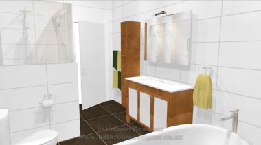 Bathroom Designer. This 3D image of proposed bathroom bathroom, bathroom accessory, bathroom cabinet, floor, home, interior design, property, room, tile, white