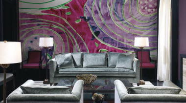 Vintage, antique, and modern pieces creatively express a ceiling, couch, furniture, home, interior design, living room, purple, room, suite, textile, wall, wallpaper, black, gray
