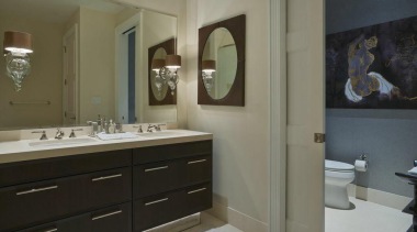 This handsome transitional bathroom features custom millwork stained bathroom, bathroom accessory, bathroom cabinet, cabinetry, countertop, home, interior design, property, room, sink, gray, black