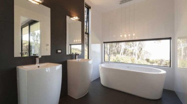 White bathroom with a tall-white basin - White architecture, bathroom, floor, home, interior design, plumbing fixture, property, real estate, room, window, gray, black