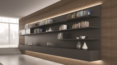 The connection system of this model ensures consistency architecture, bookcase, display case, furniture, interior design, lobby, shelf, shelving, gray, brown