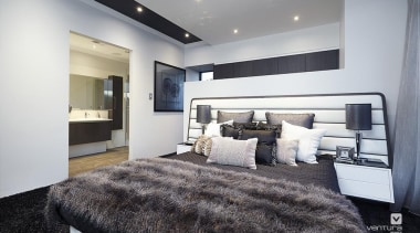 Master ensuite design. - The Montrose Display Home bed frame, bedroom, ceiling, floor, home, interior design, property, real estate, room, wall, gray, white