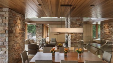 This new house, designed by Charles R Stinson ceiling, dining room, interior design, living room, real estate, brown