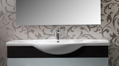 *Classic semi-recessed vitreous china top by Dansani of bathroom, bathroom accessory, bathroom cabinet, bathroom sink, floor, interior design, plumbing fixture, product, sink, tap, wall, gray, black