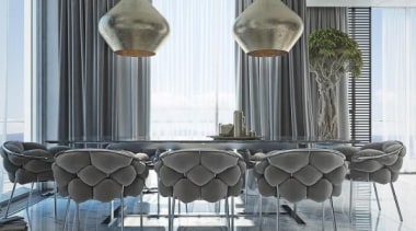 hammered metal lightfixture - Masculine Apartments - chair chair, dining room, furniture, interior design, structure, table, gray, white