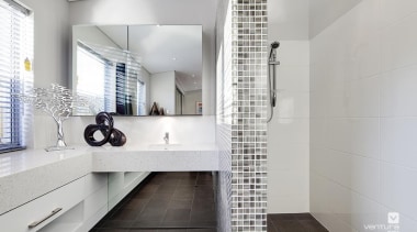 Ensuite design. - The Haven Display Home - architecture, bathroom, floor, flooring, interior design, property, room, tile, gray
