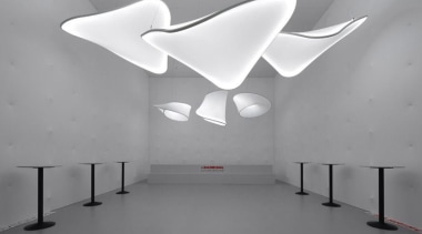 Lighting installation by Ross Lovegrove - Lighting installation black and white, ceiling, design, light fixture, lighting, monochrome, monochrome photography, table, gray