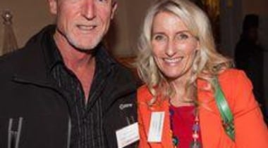 Nigel Barnett (Caesarstone Australia) and Toni Roberts (Kitchen event, product, smile, socialite, black, red