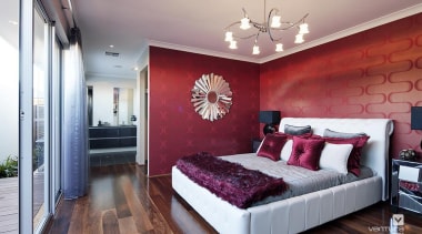 Master ensuite design. - The Essence Display Home bed frame, bedroom, ceiling, home, interior design, real estate, room, wall, gray, red